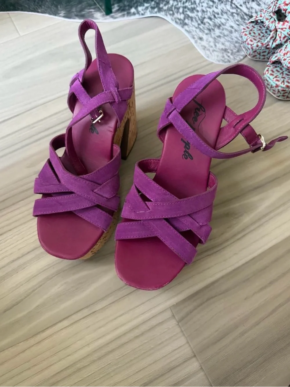 Free People Magenta Suede Cork Platform Sandals